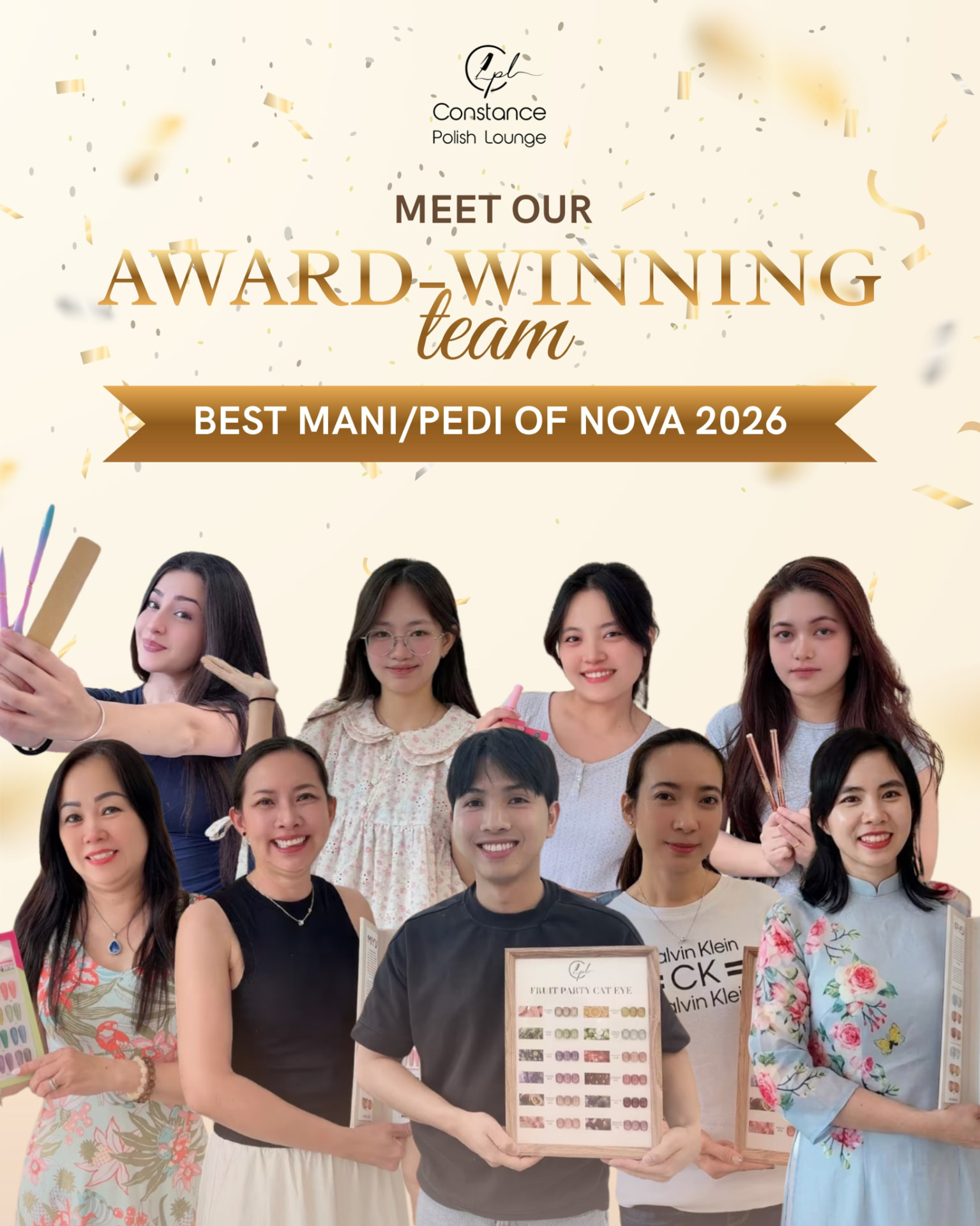Constance Polish Lounge award-winning team holding the Best Mani/Pedi of NoVA 2026 award